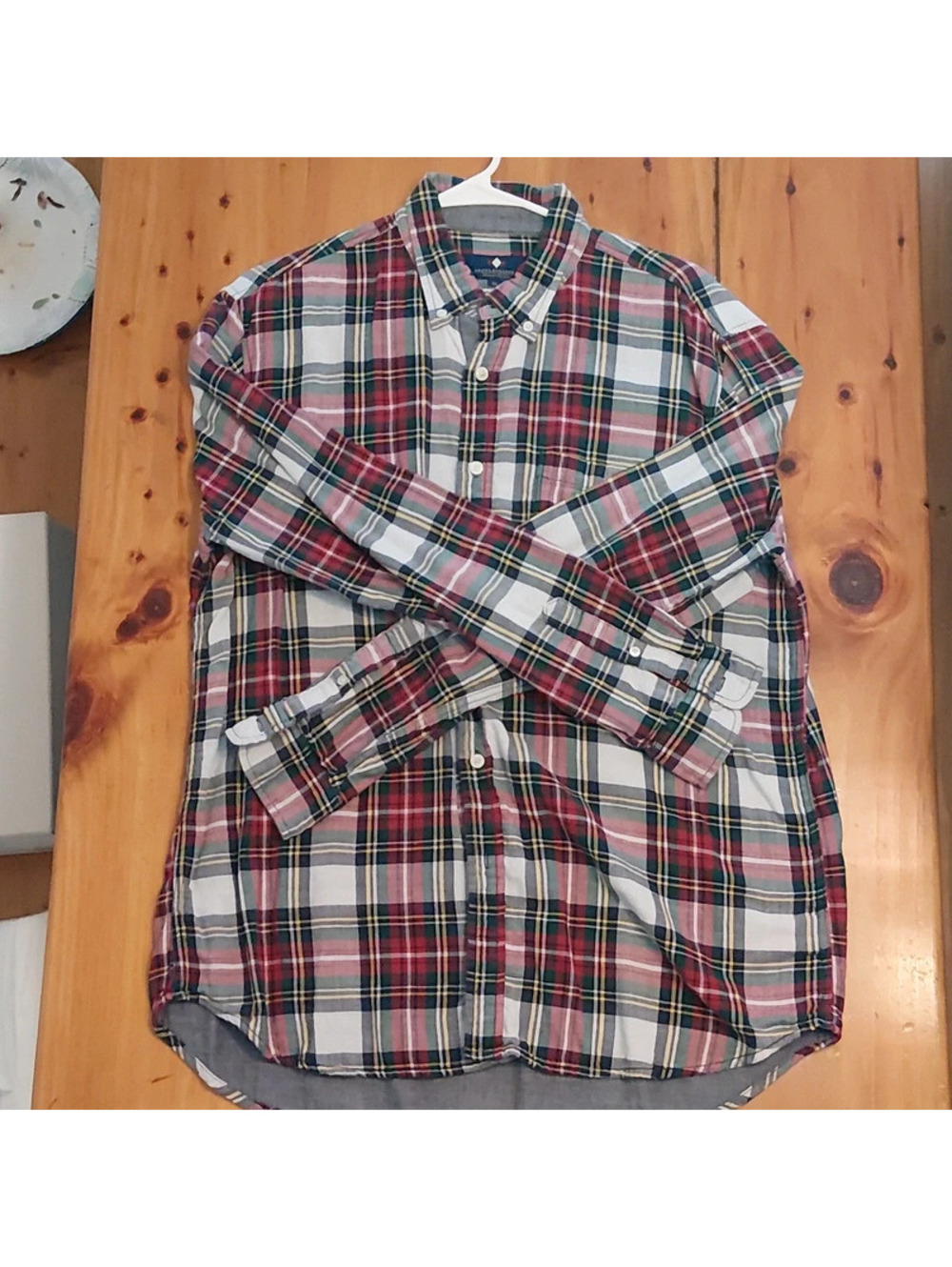 Argyle Culture Russell Simmons red, white, and green plaid button-up shirt in XL